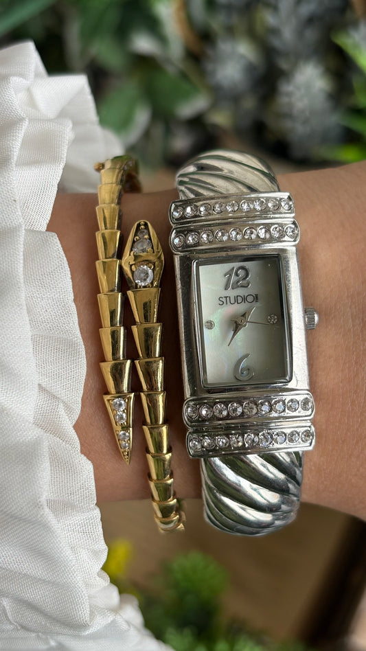 Vintage Studio Time Bangle Bejeweled Watch in Silver Tone Pearl Dial
