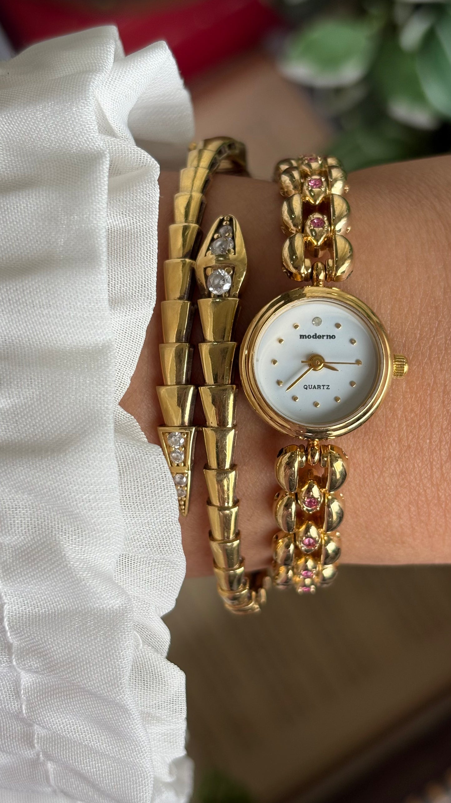 Extremely Rare Vintage Moderno Watch in Gold Tone with 20 Genuine Rubies