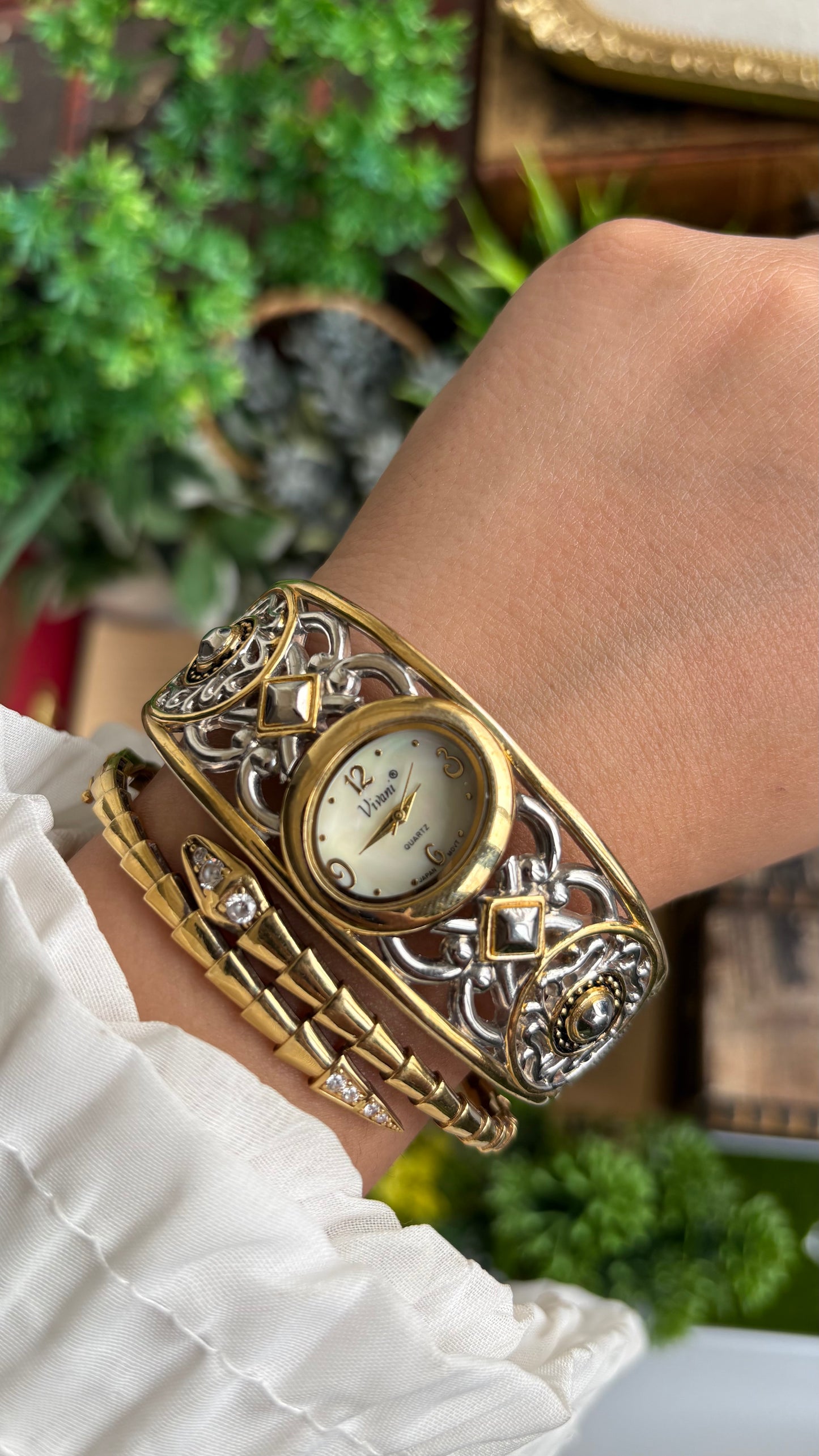 Vintage Vivani Medieval Art Deco Cuff Bangle Watch in Two-Tone Pearl Dial