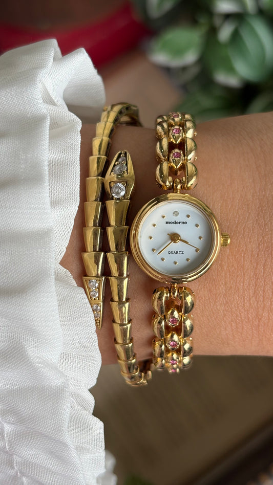 Extremely Rare Vintage Moderno Watch in Gold Tone with 20 Genuine Rubies