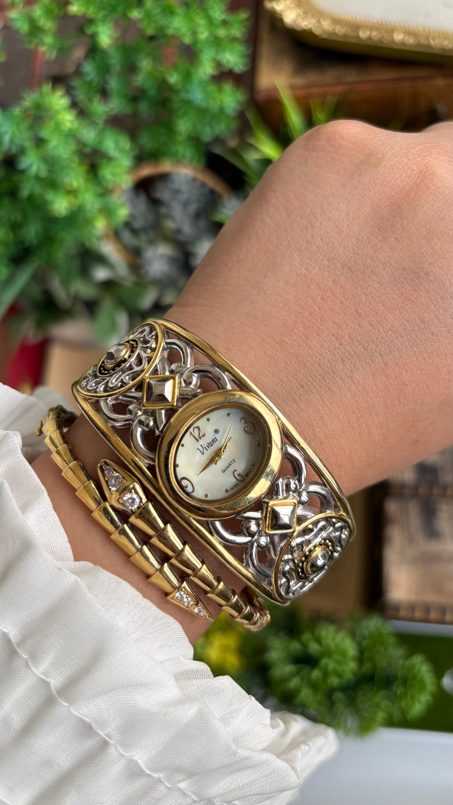Vintage Vivani Medieval Art Deco Cuff Bangle Watch in Two-Tone Pearl Dial
