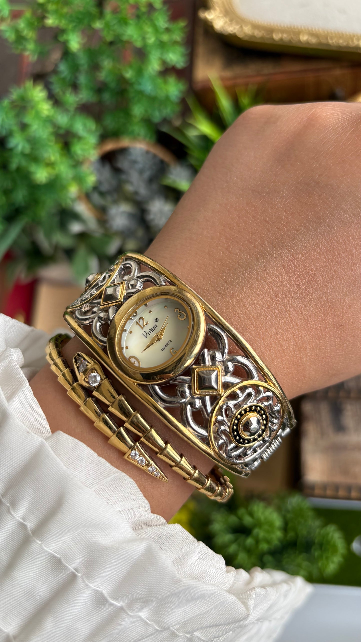 Vintage Vivani Medieval Art Deco Cuff Bangle Watch in Two-Tone Pearl Dial