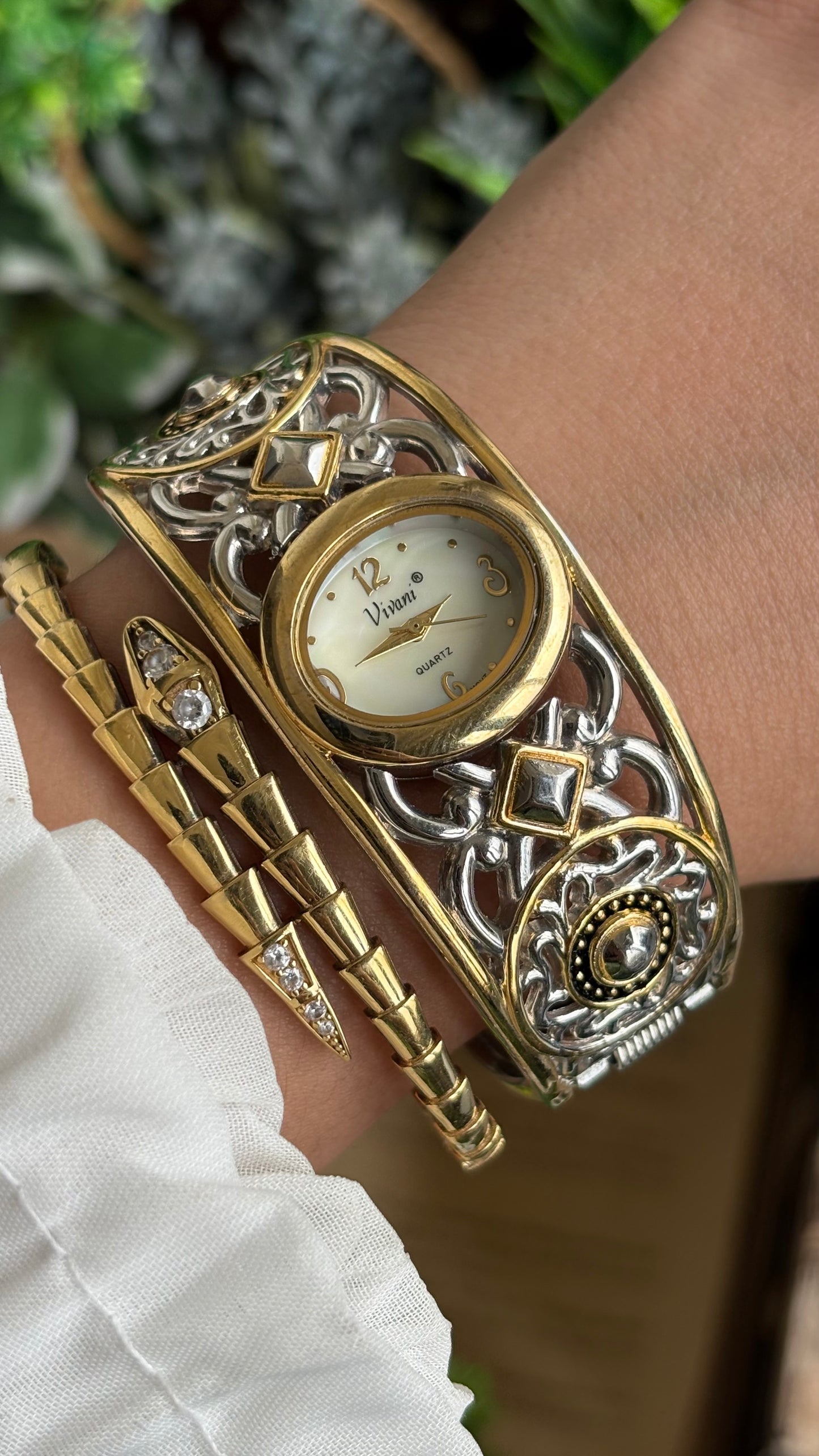 Vintage Vivani Medieval Art Deco Cuff Bangle Watch in Two-Tone Pearl Dial