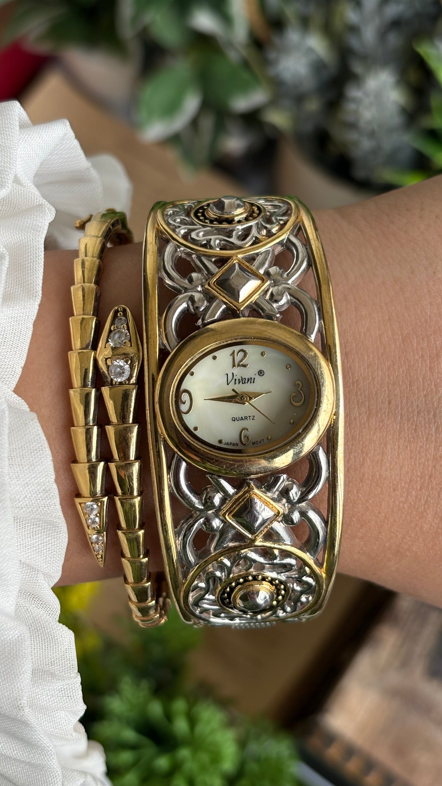 Vintage Vivani Medieval Art Deco Cuff Bangle Watch in Two-Tone Pearl Dial