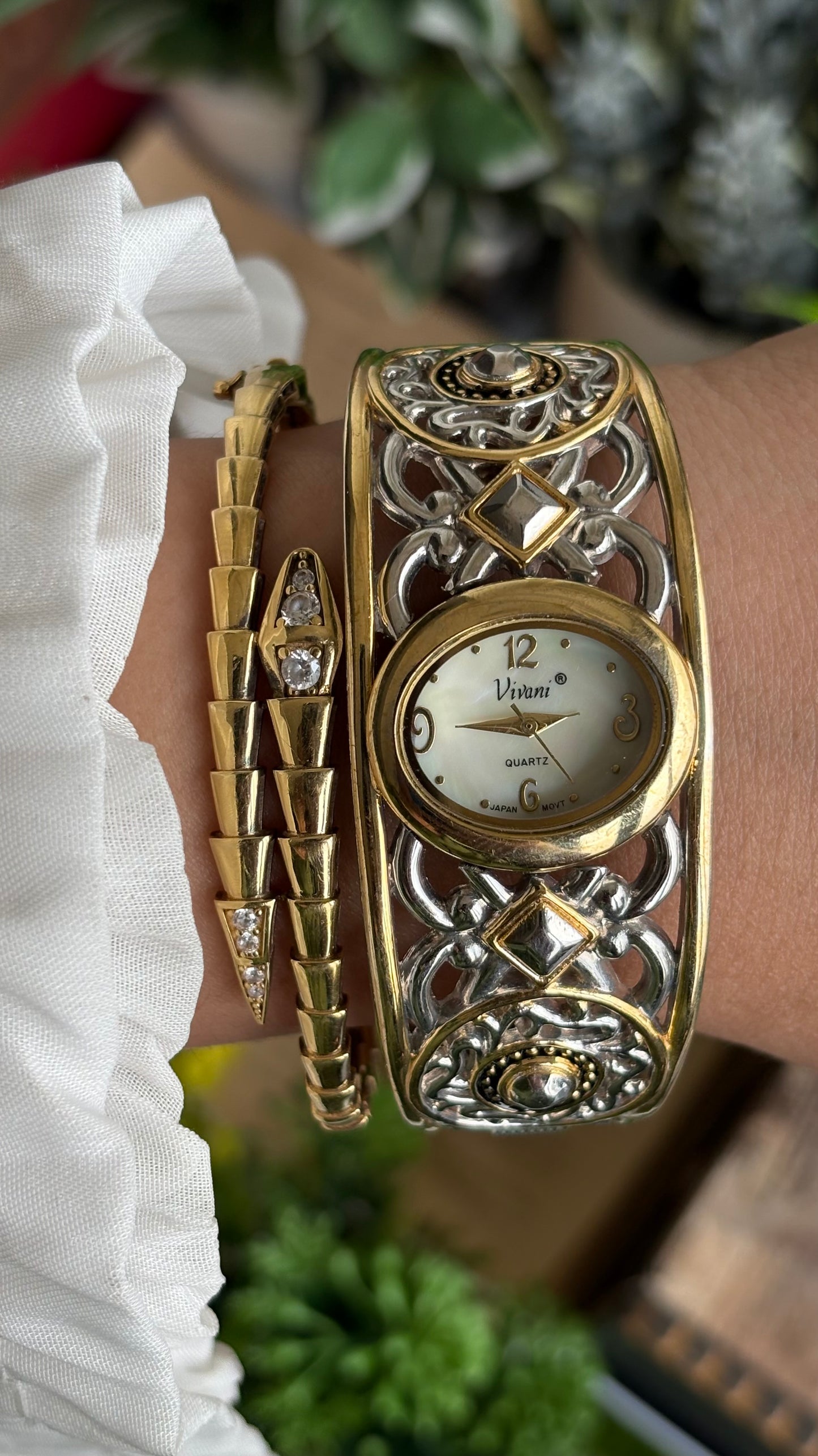 Vintage Vivani Medieval Art Deco Cuff Bangle Watch in Two-Tone Pearl Dial
