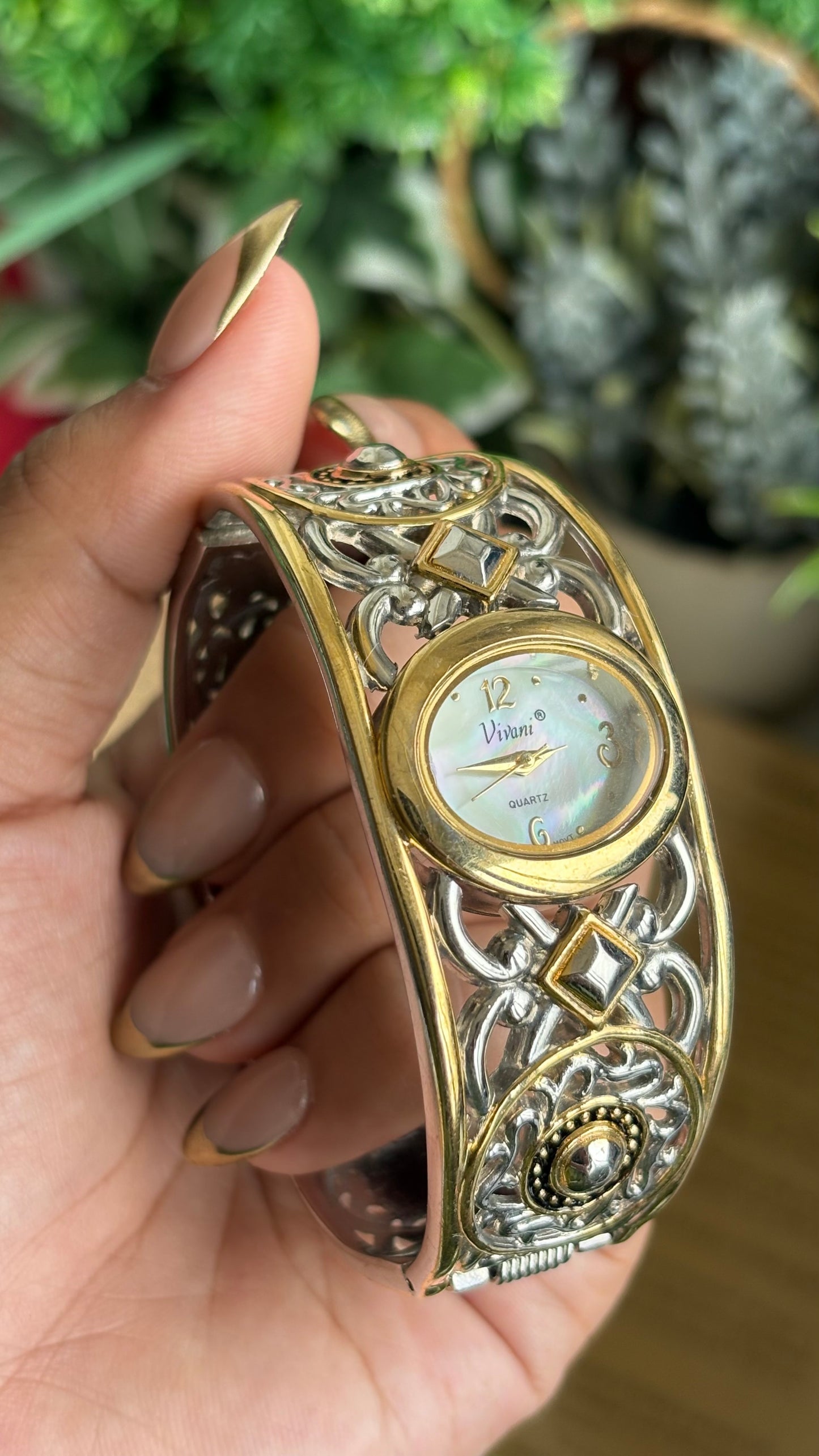 Vintage Vivani Medieval Art Deco Cuff Bangle Watch in Two-Tone Pearl Dial
