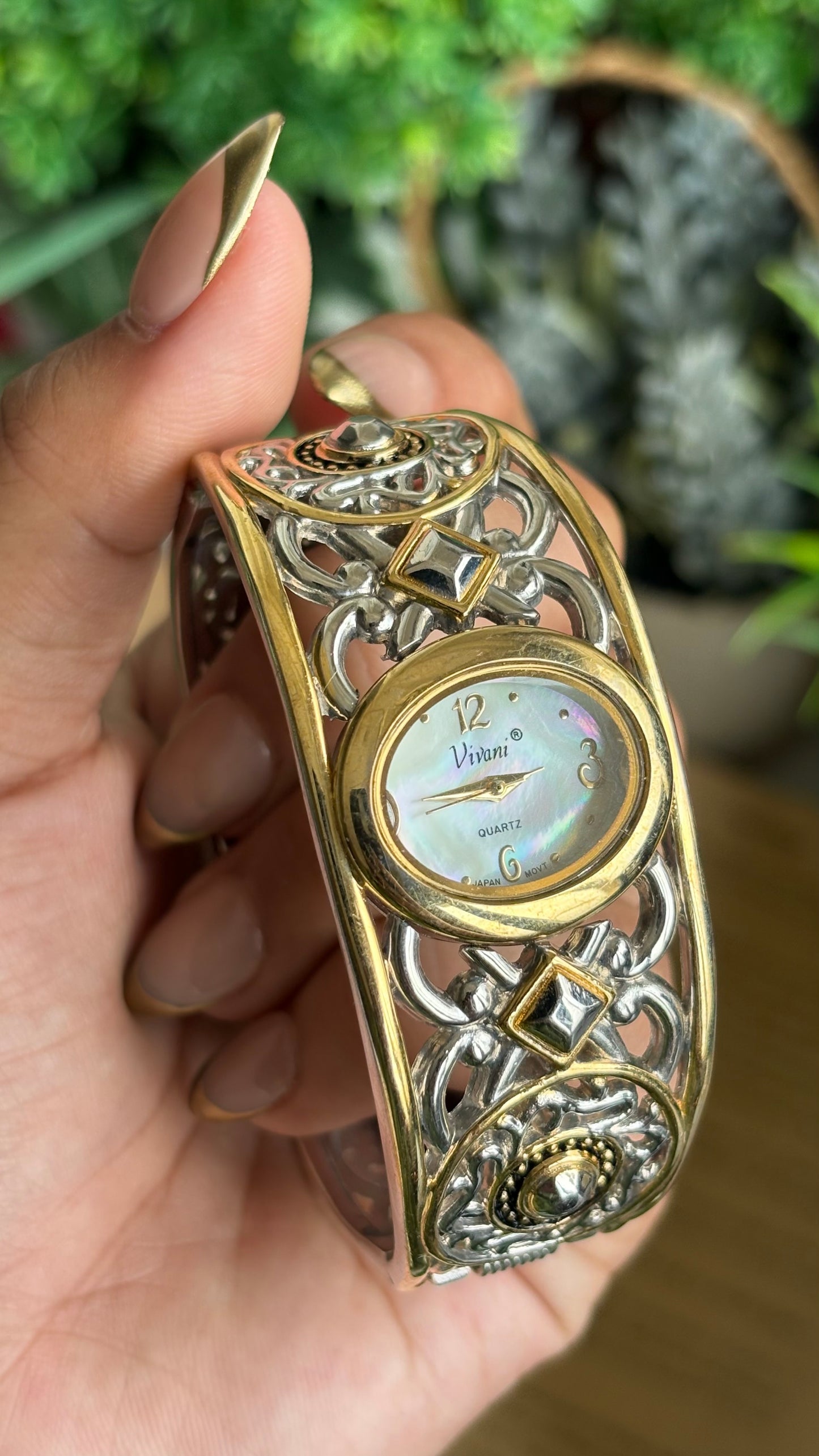Vintage Vivani Medieval Art Deco Cuff Bangle Watch in Two-Tone Pearl Dial