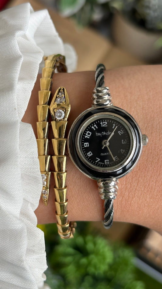 Vintage Bay Studio Black Bezel Dainty Bangle Watch in Silver Tone