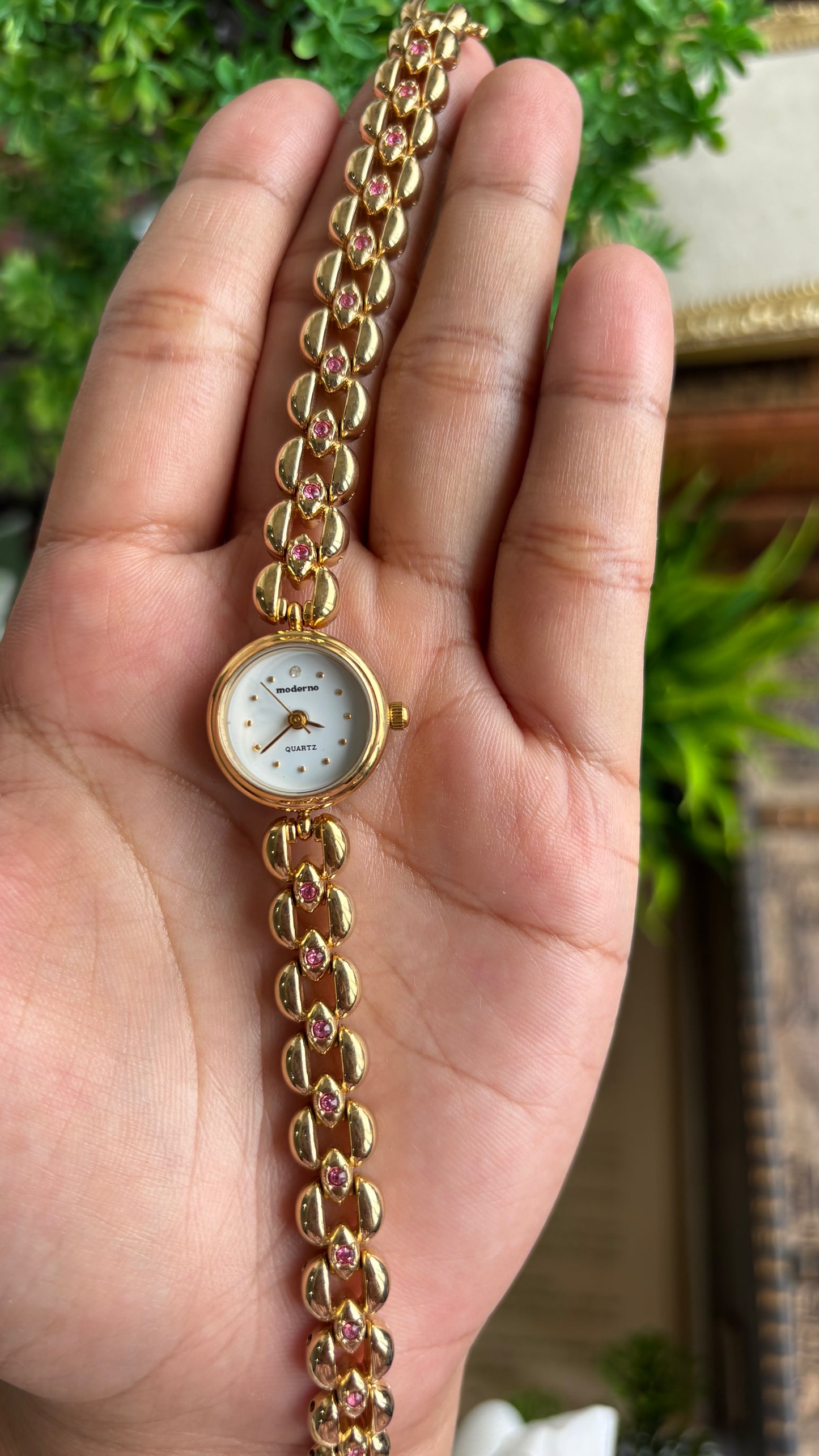 Extremely Rare Vintage Moderno Watch in Gold Tone with 20 Genuine Rubies