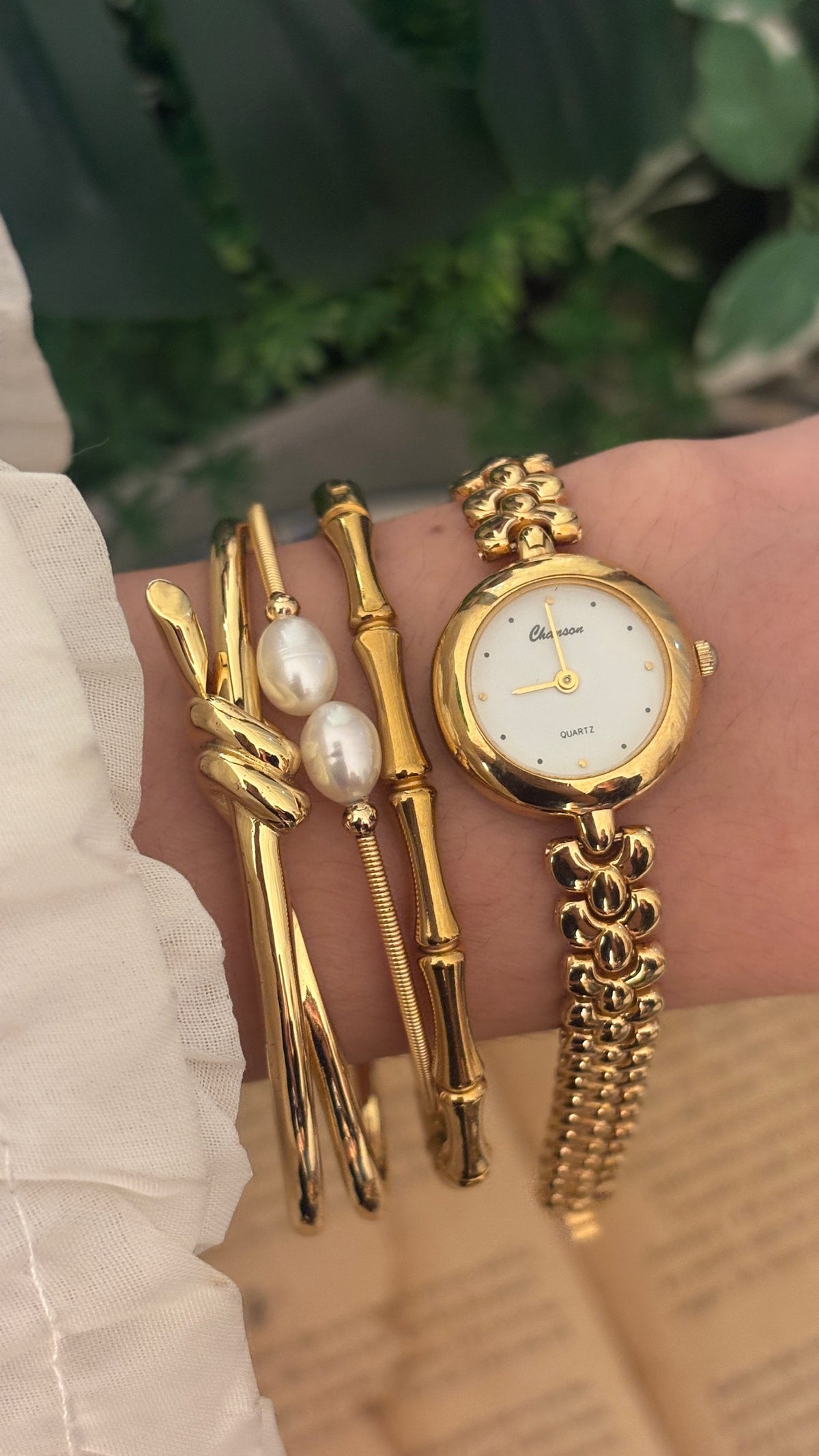 Rare Vintage Chanson Clover Motif Bracelet Watch in Gold Tone Quartz