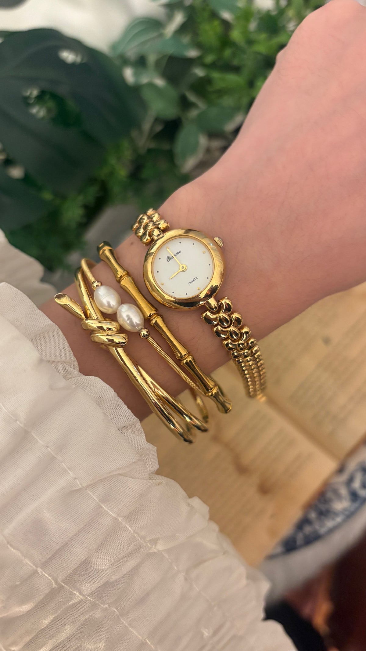 Rare Vintage Chanson Clover Motif Bracelet Watch in Gold Tone Quartz