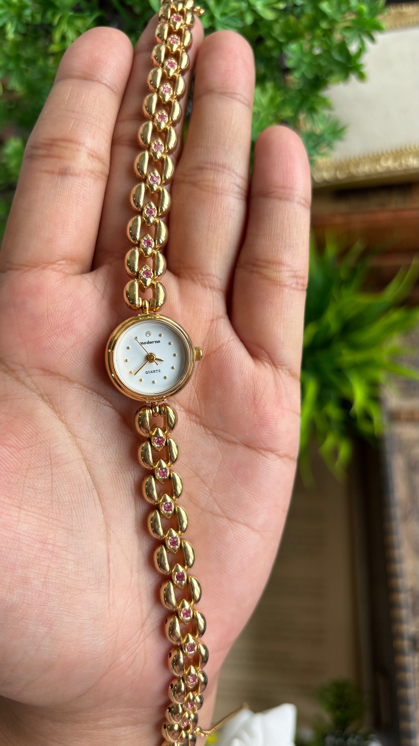 Extremely Rare Vintage Moderno Watch in Gold Tone with 20 Genuine Rubies