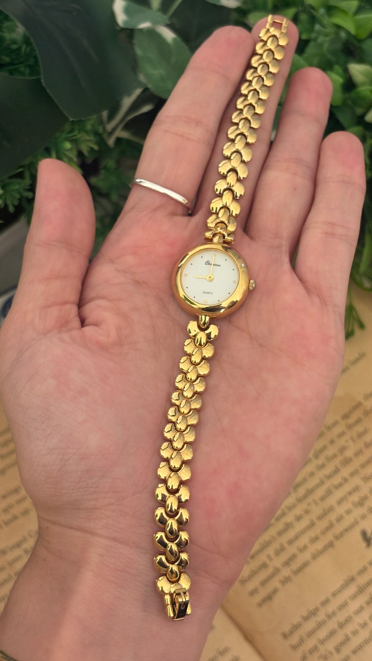 Rare Vintage Chanson Clover Motif Bracelet Watch in Gold Tone Quartz