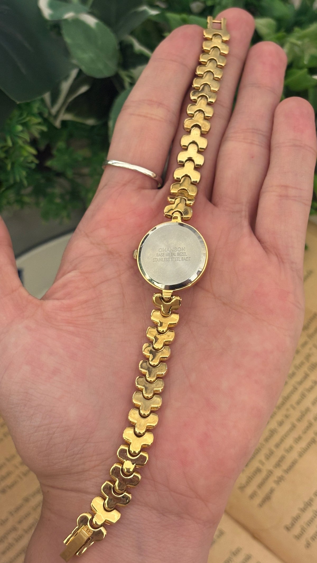 Rare Vintage Chanson Clover Motif Bracelet Watch in Gold Tone Quartz