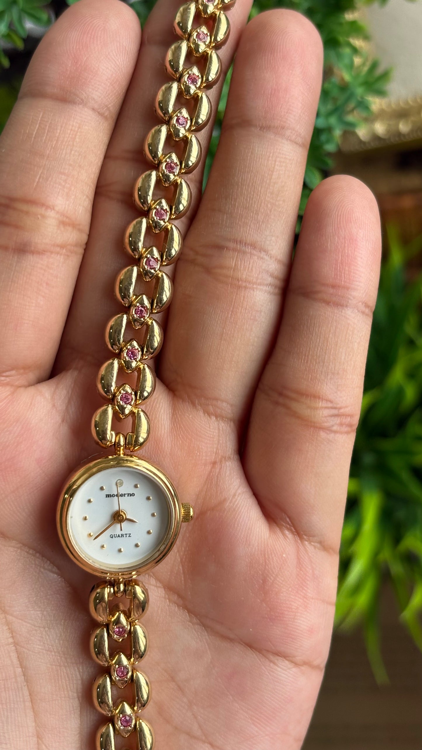 Extremely Rare Vintage Moderno Watch in Gold Tone with 20 Genuine Rubies