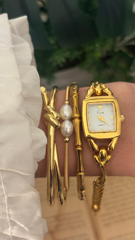 Rare Vintage Faye Flower Motif Semi Bangle Watch in Gold Tone Quartz