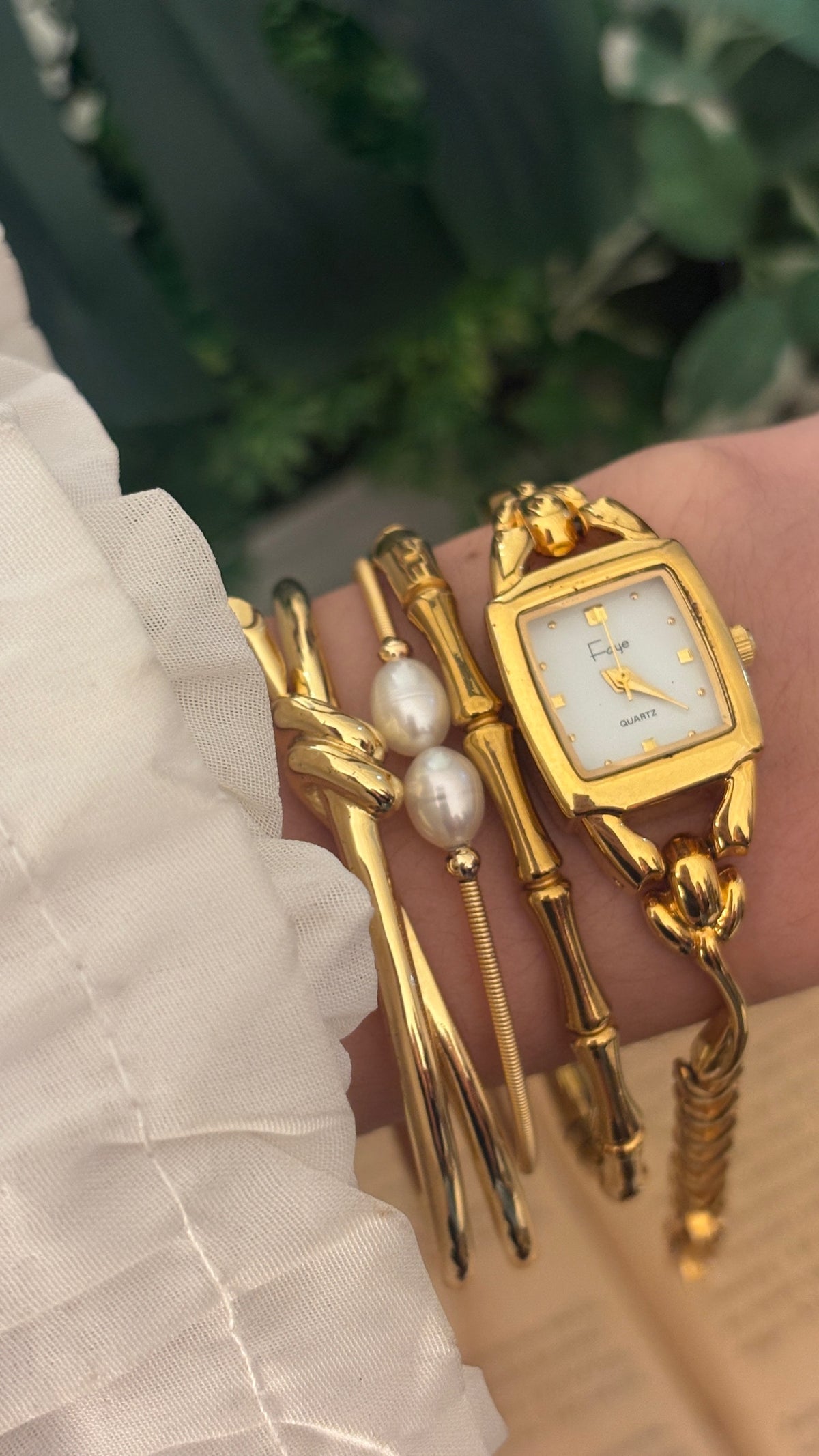 Rare Vintage Faye Flower Motif Semi Bangle Watch in Gold Tone Quartz