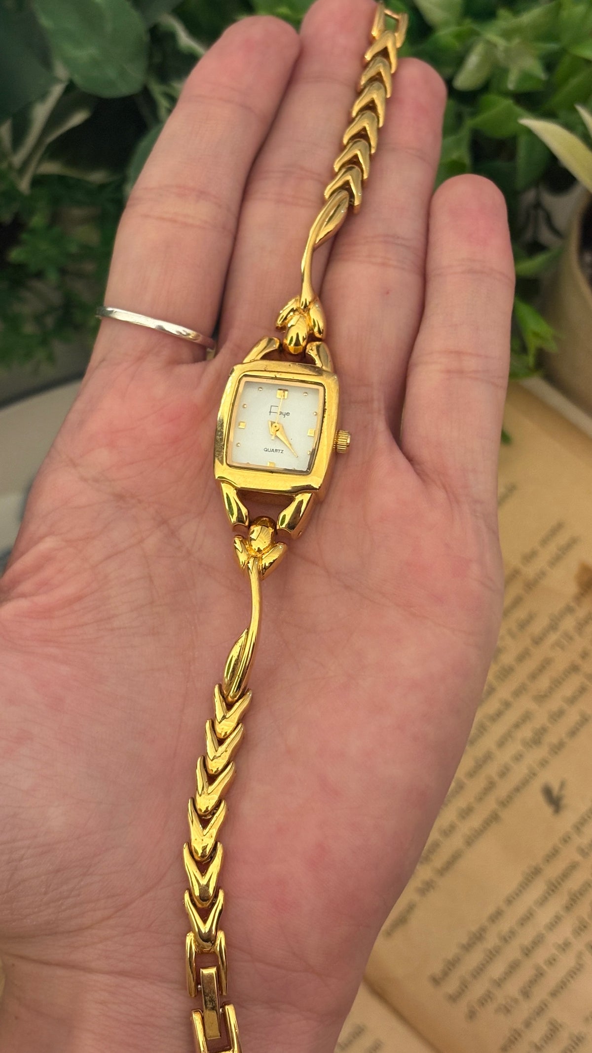Rare Vintage Faye Flower Motif Semi Bangle Watch in Gold Tone Quartz
