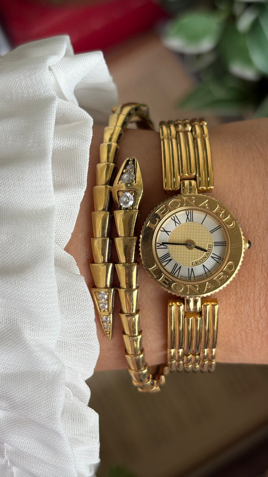 Vintage Leonard Swiss Designer’s Watch in Gold Tone Roman Dial