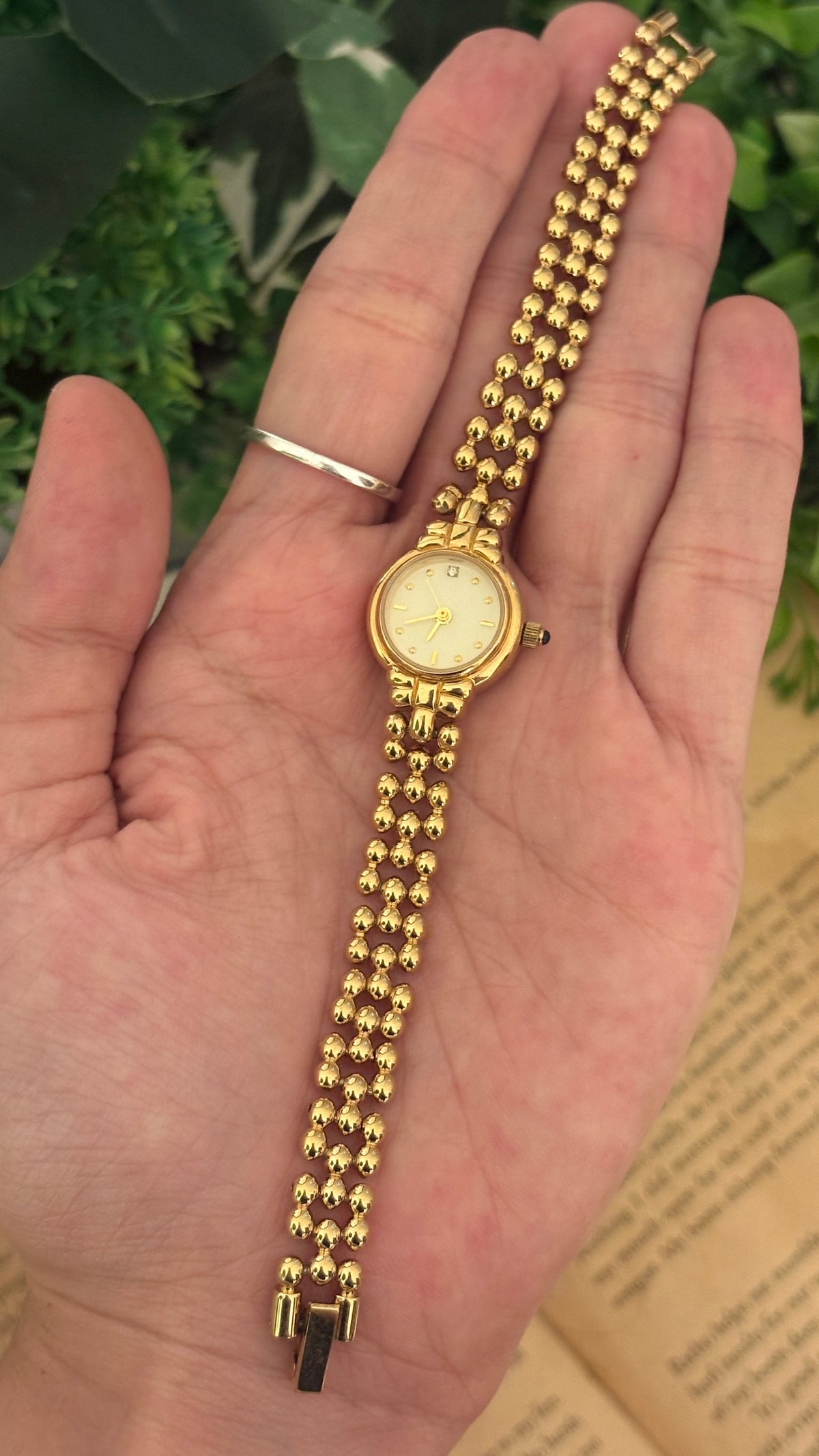 Rare Vintage Pola Coquette Motif Bead Bracelet Watch in Gold Tone Quartz