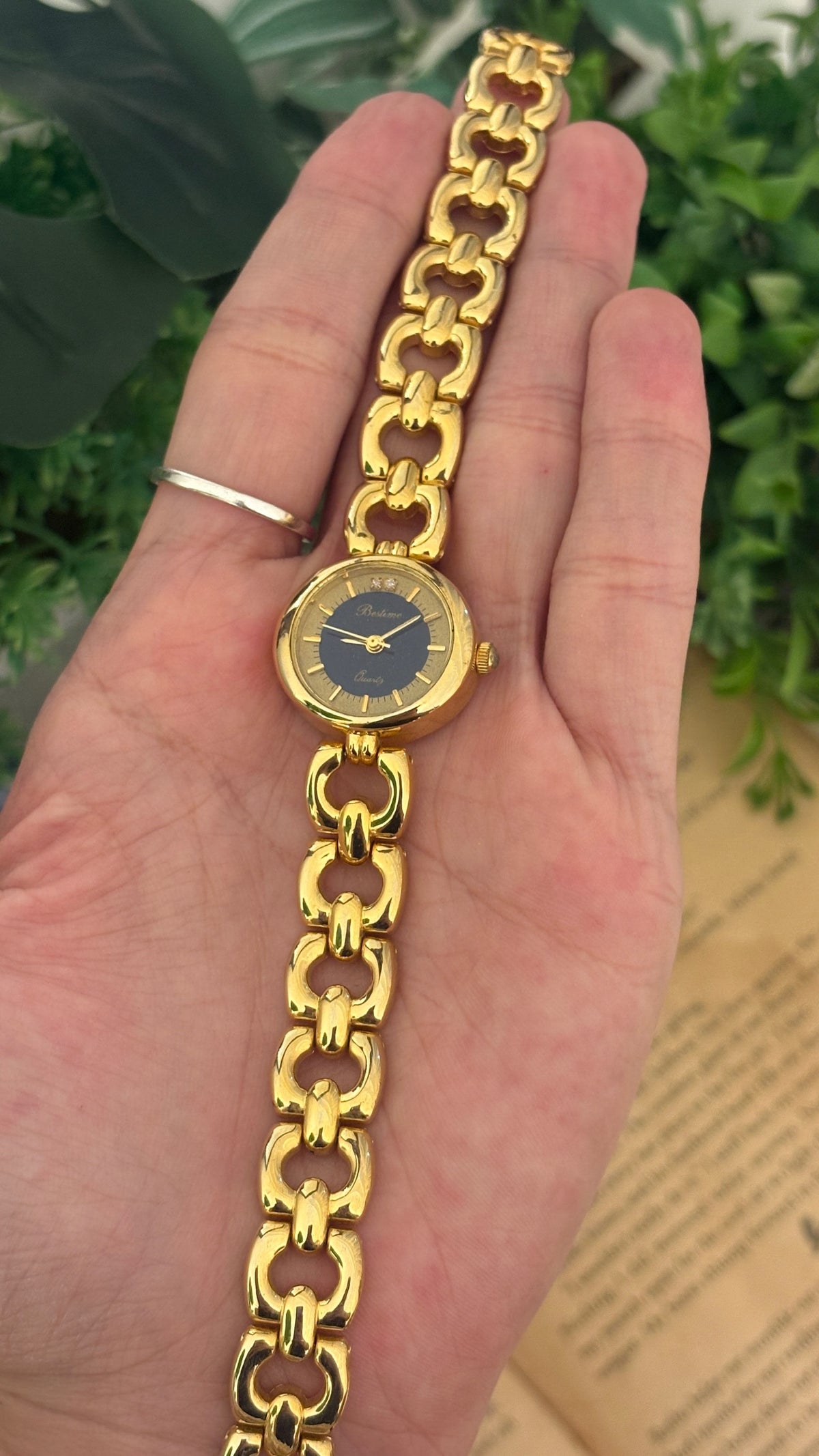 Rare Vintage Bestime Black Accent Dial Round Square Link Bracelet Watch in Gold Tone Quartz