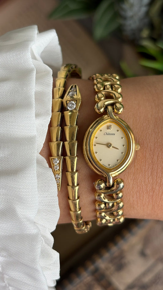 Vintage Chateau Watch in Gold Tone Almond Shape Dial Telephone Chain