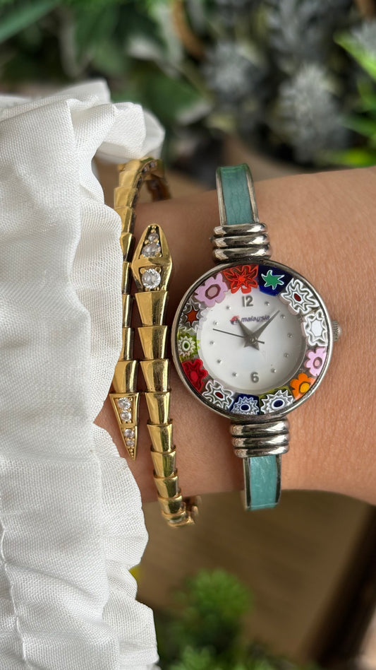 Vintage Murano Cuff Watch in Silver Tone Ocean Waves Design