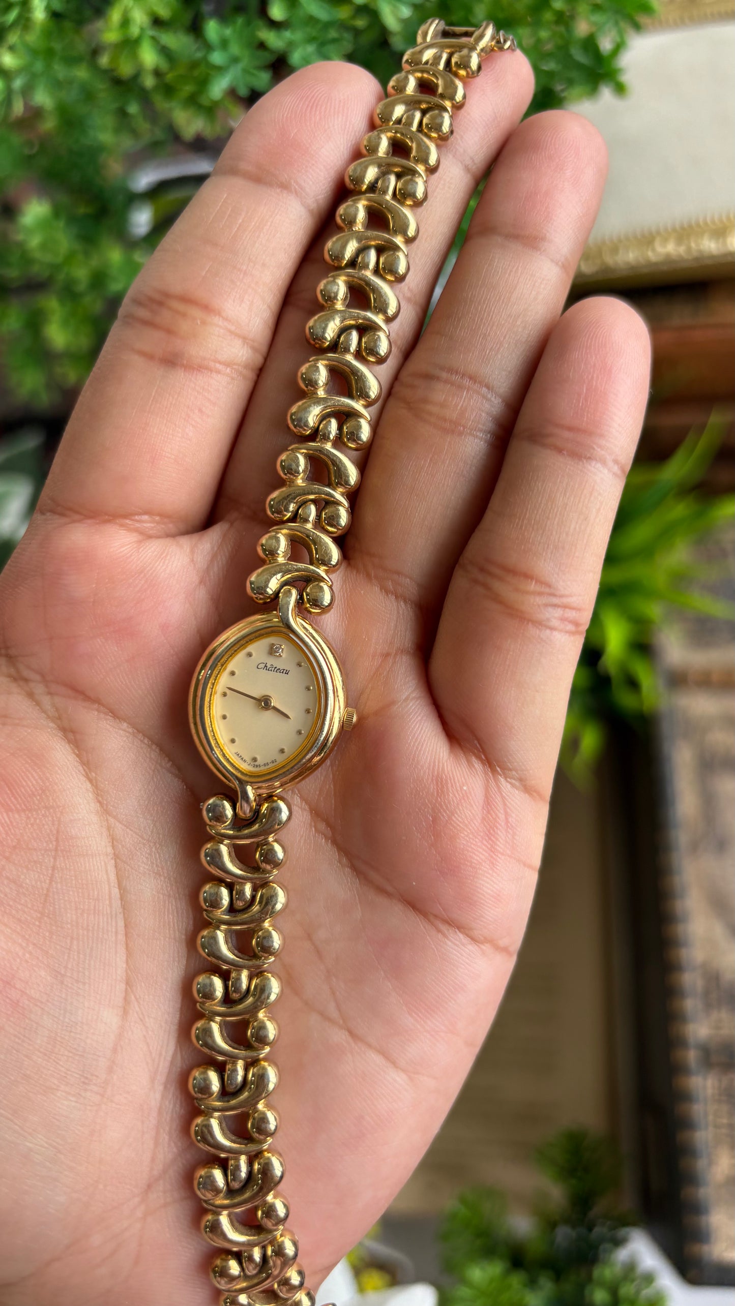 Vintage Chateau Watch in Gold Tone Almond Shape Dial Telephone Chain