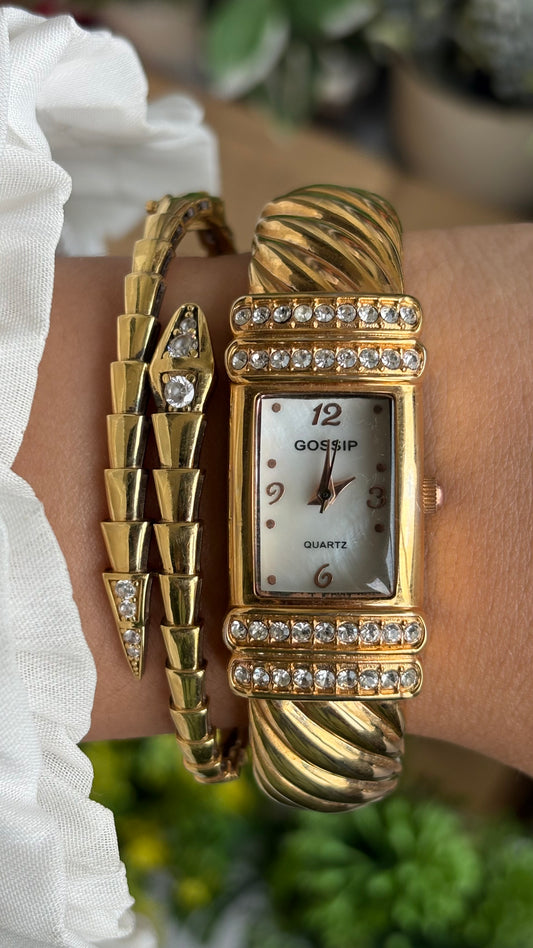 Vintage Gossip Bejeweled Bangle Watch in Gold Tone Pearl Dial