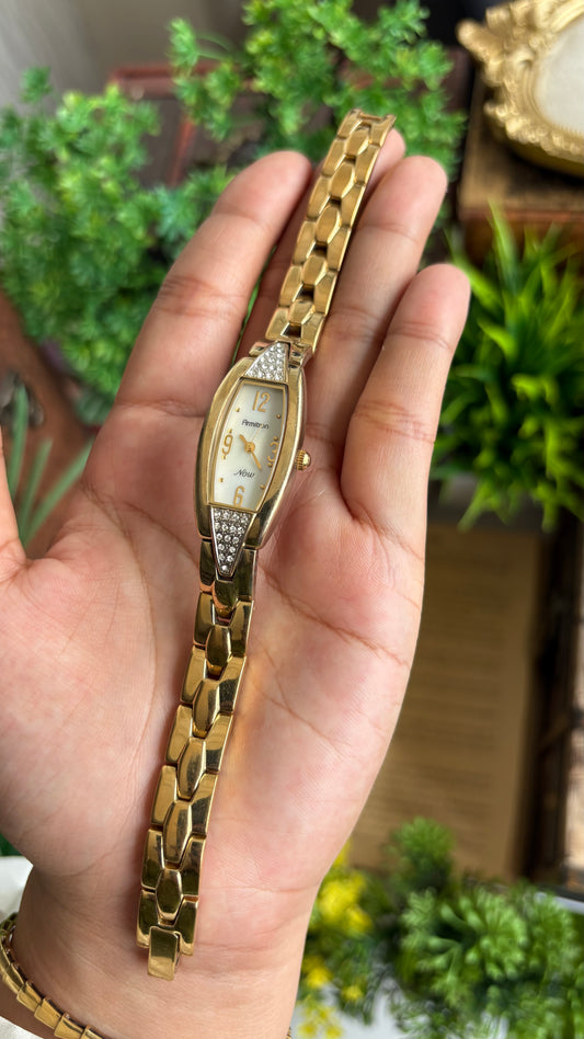 Vintage Armitron Bejeweled Watch in Gold Tone Pearl Dial