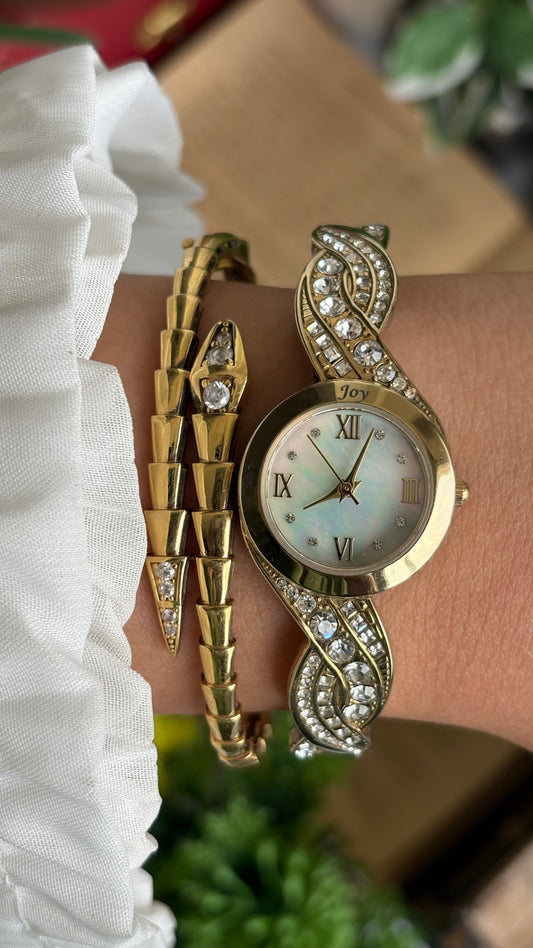 Vintage Bejeweled Watch in Gold Tone Mother of Pearl Dial