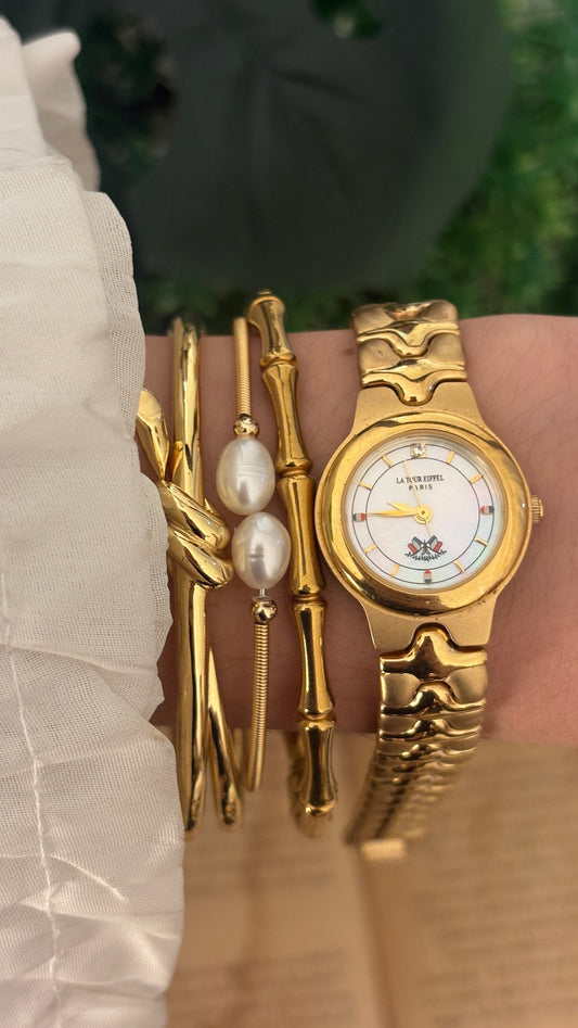 Rare Vintage La Tour Eiffel Paris Mother of Pearl Watch in Gold Tone Quartz