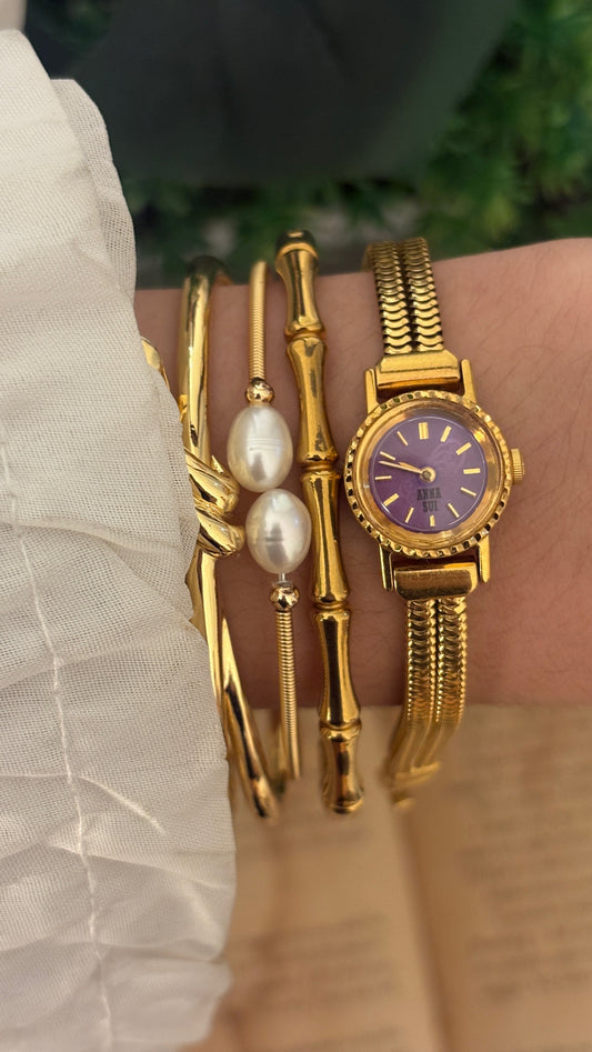 Rare Dainty Vintage Anna Sui Purple Dial Cord Watch in Gold Tone Quartz