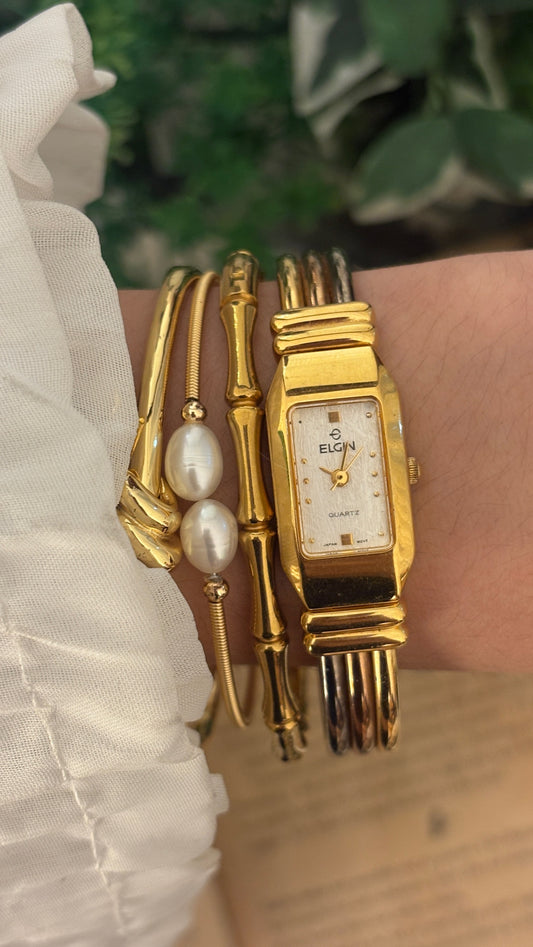 Rare Vintage Elgin Tri-color Bangle Tank Watch in Two-Tone Quartz