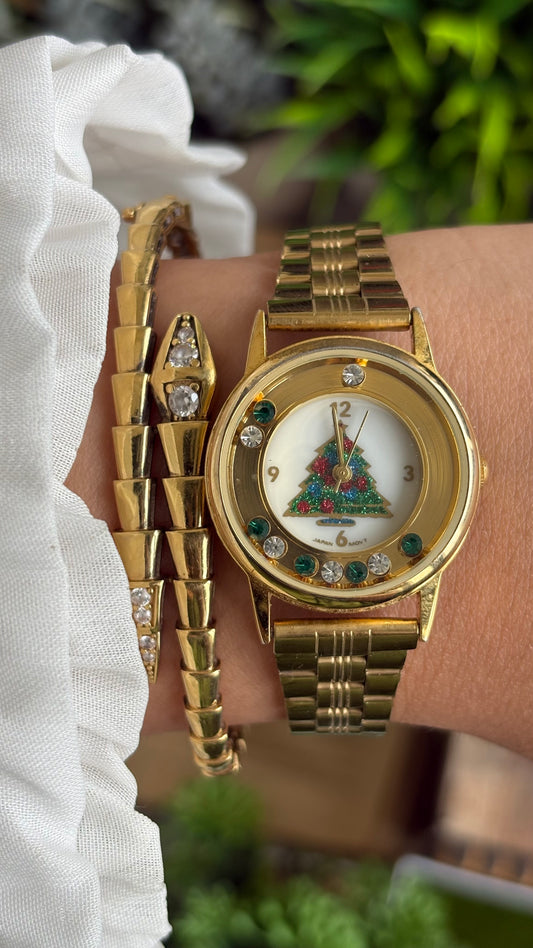 Vintage Christmas Three Charm Watch in Gold Tone Dancing Stones