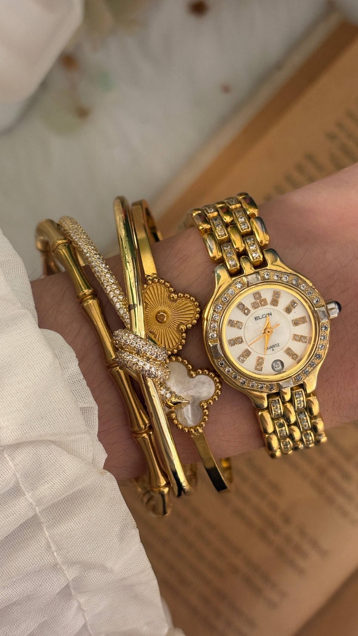 Rare Vintage Elgin Bejeweled Classic Watch in Gold Tone Quartz