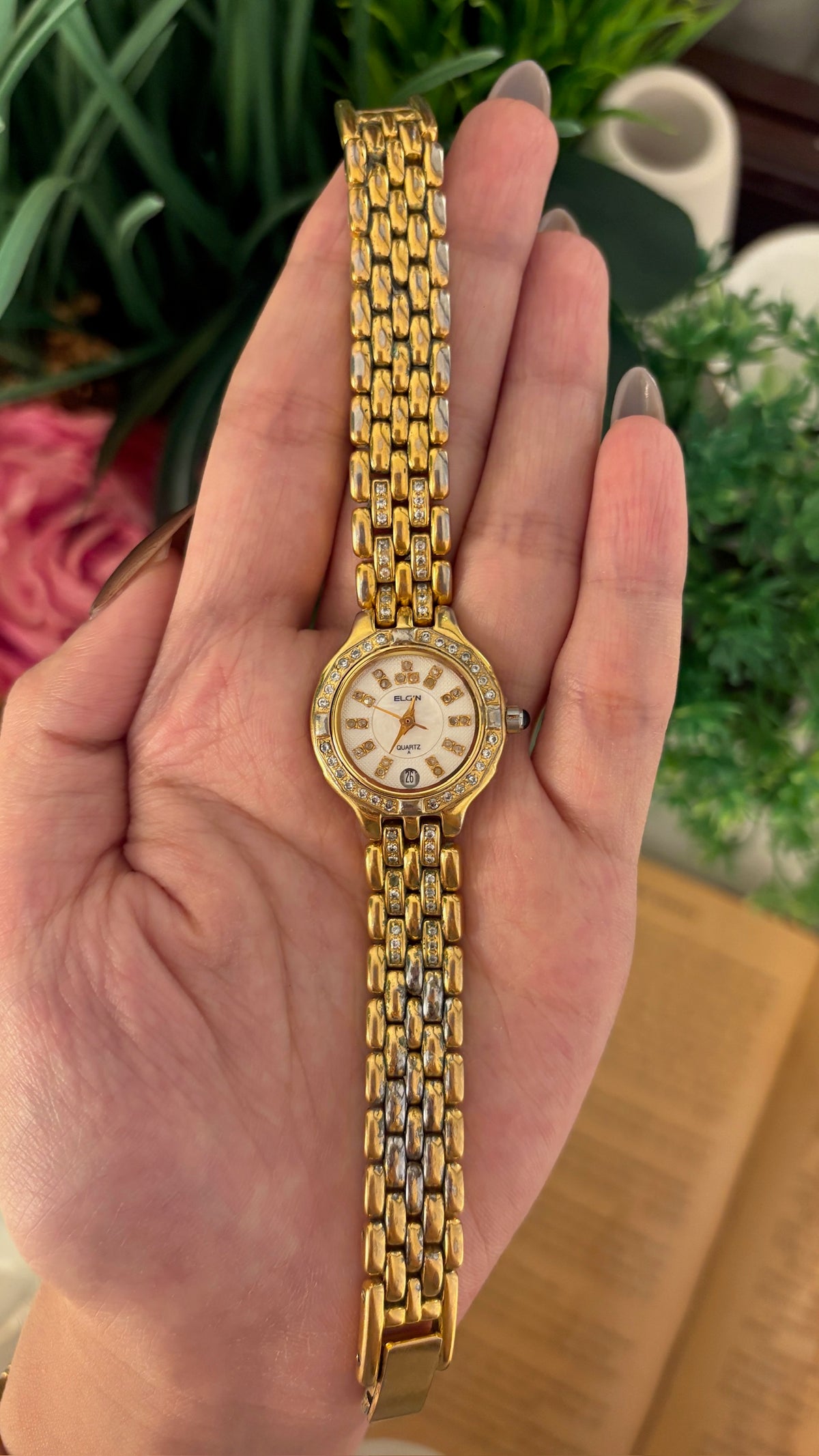 Rare Vintage Elgin Bejeweled Classic Watch in Gold Tone Quartz