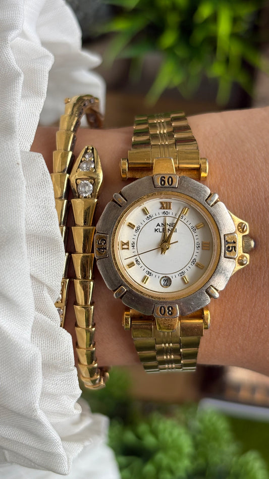 Vintage Anne Klein Watch in Gold Tone Rotating Bezel with Date Just