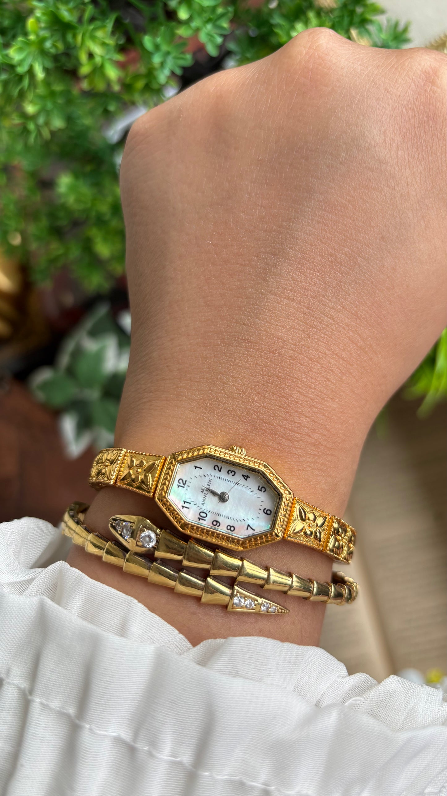 Extremely Rare Vintage Anne Klein Art Deco Watch in Gold Tone Mother of Pearl Dial