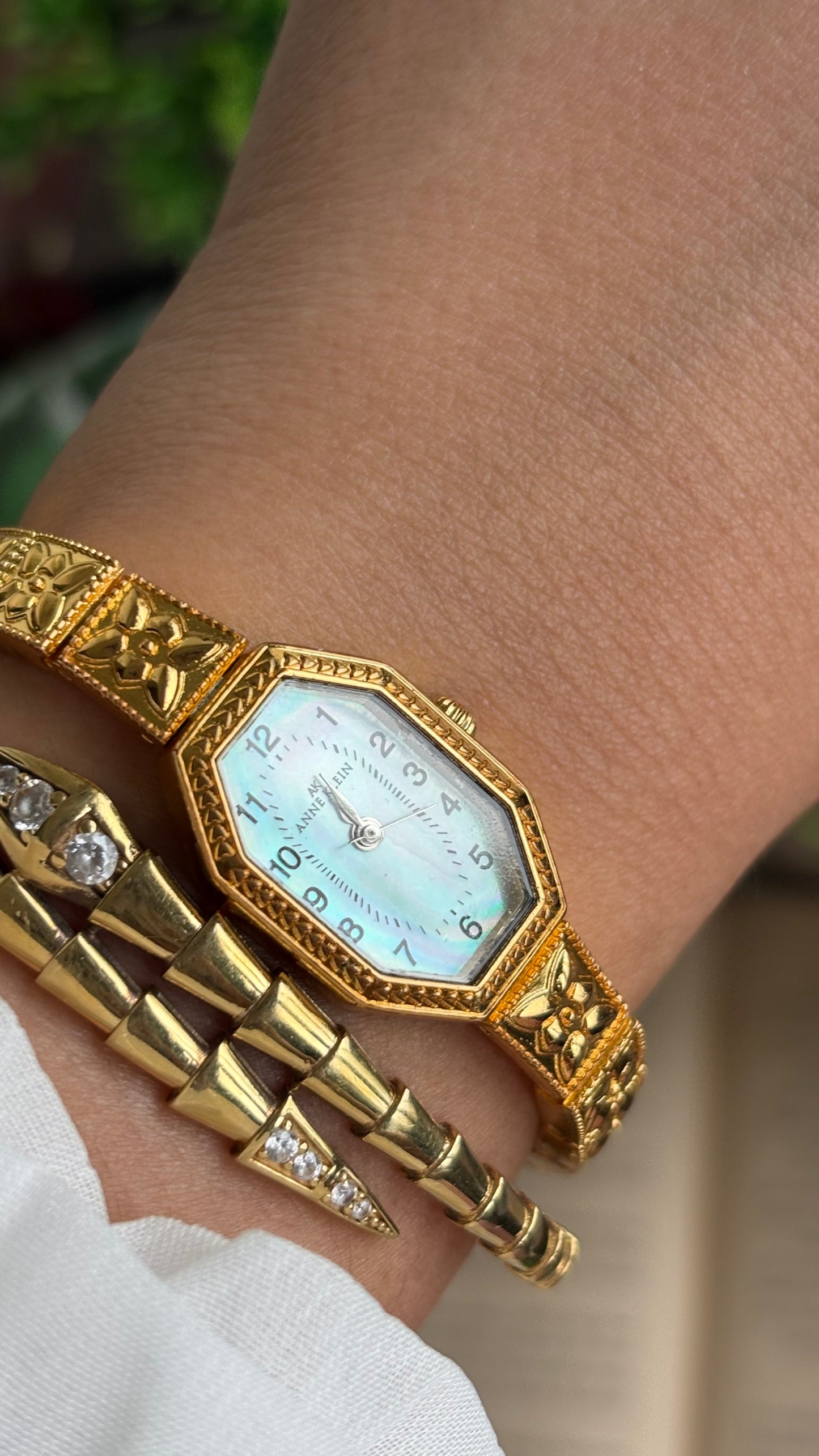 Extremely Rare Vintage Anne Klein Art Deco Watch in Gold Tone Mother of Pearl Dial