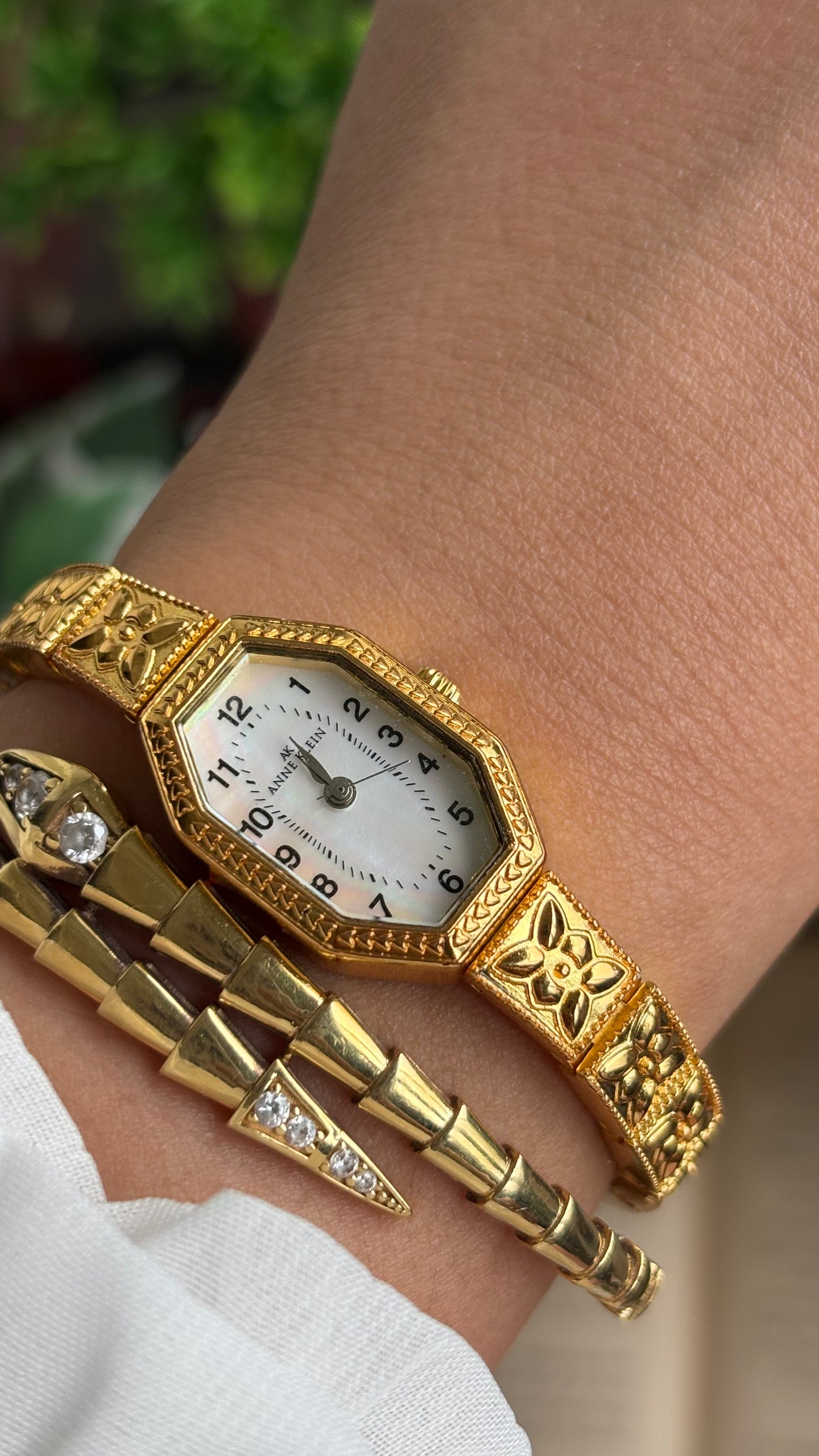 Extremely Rare Vintage Anne Klein Art Deco Watch in Gold Tone Mother of Pearl Dial