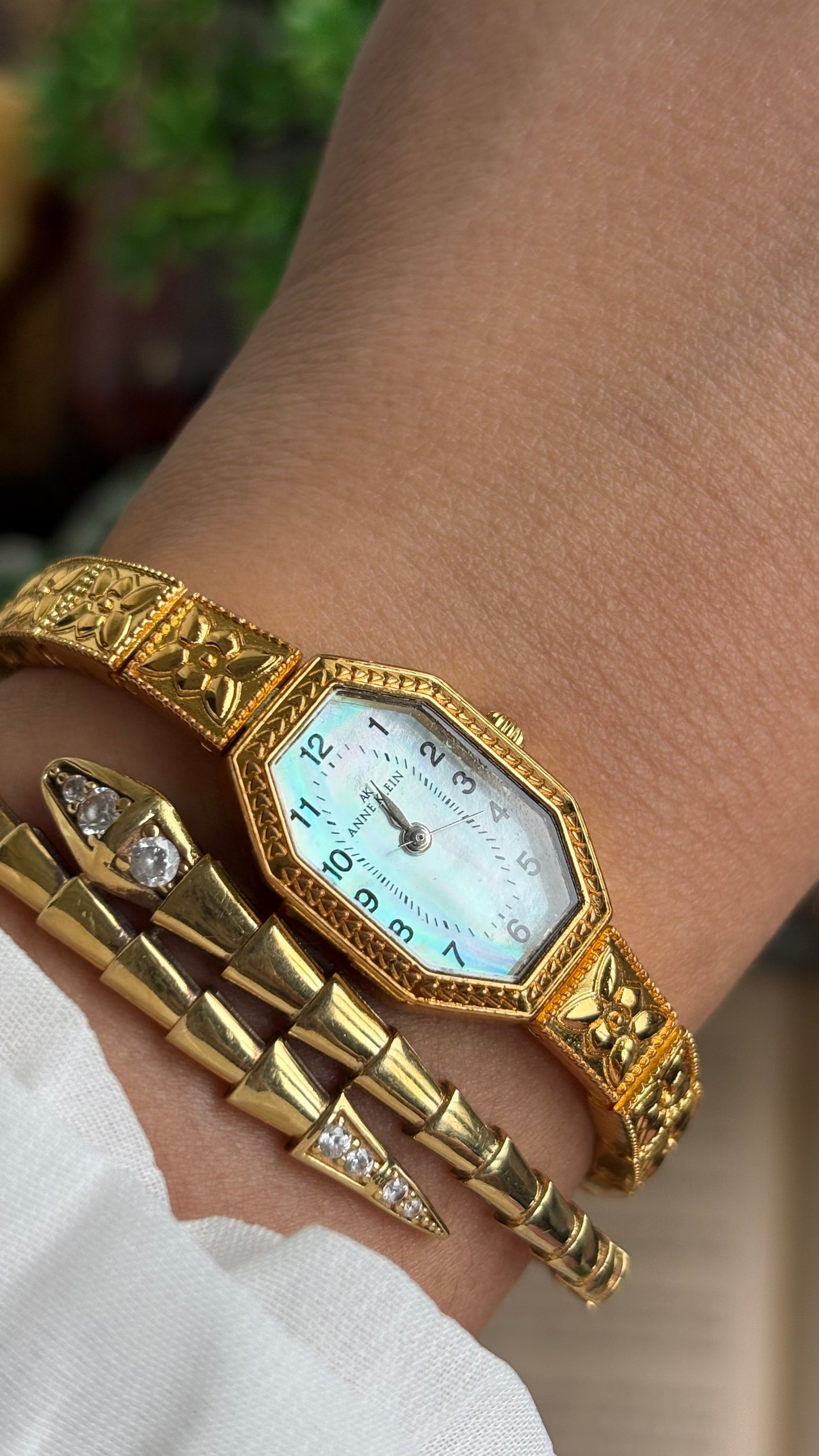 Extremely Rare Vintage Anne Klein Art Deco Watch in Gold Tone Mother of Pearl Dial