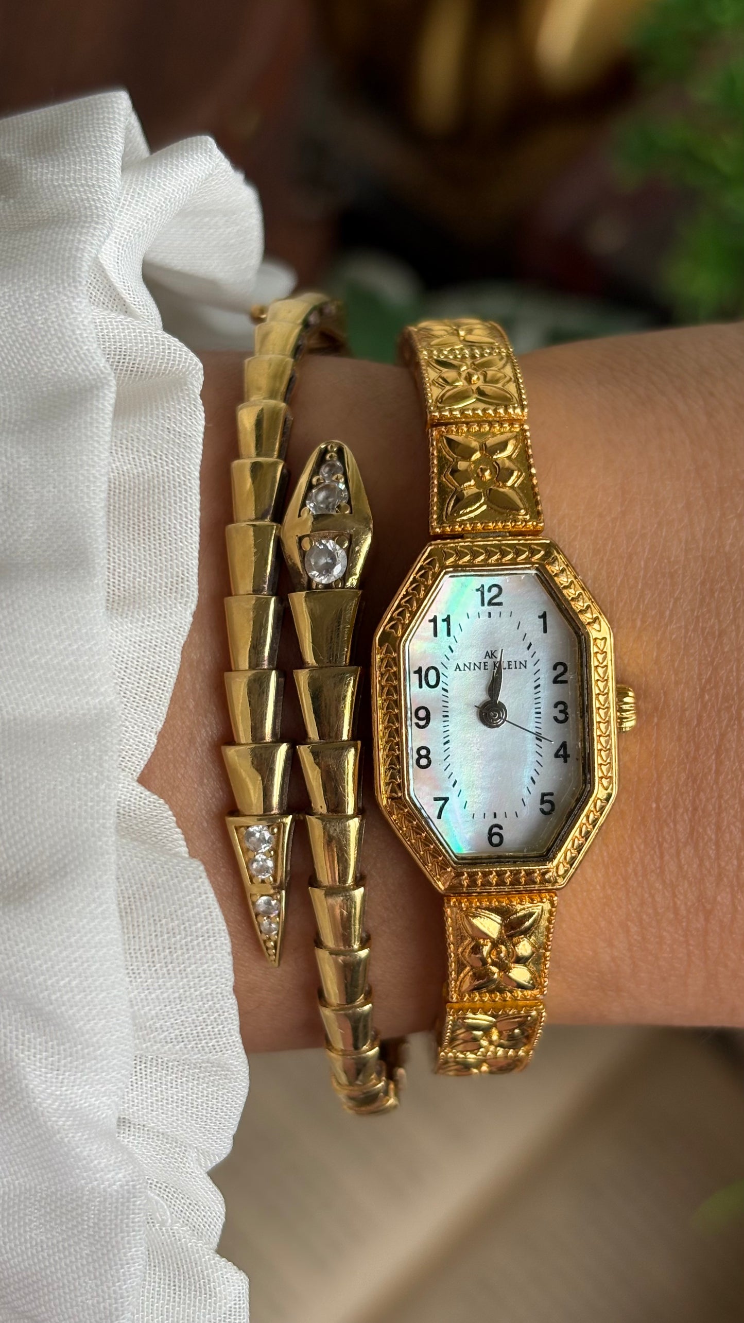 Extremely Rare Vintage Anne Klein Art Deco Watch in Gold Tone Mother of Pearl Dial