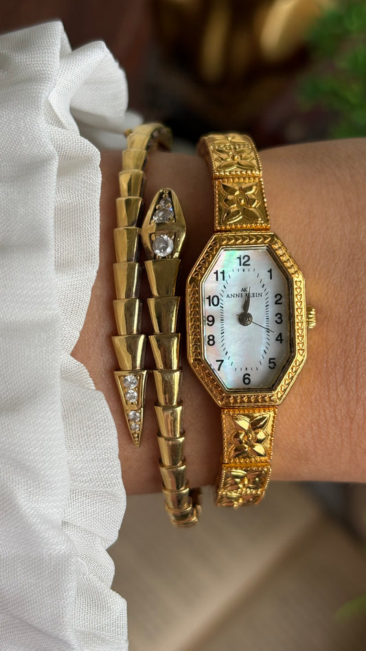 Extremely Rare Vintage Anne Klein Art Deco Watch in Gold Tone Mother of Pearl Dial