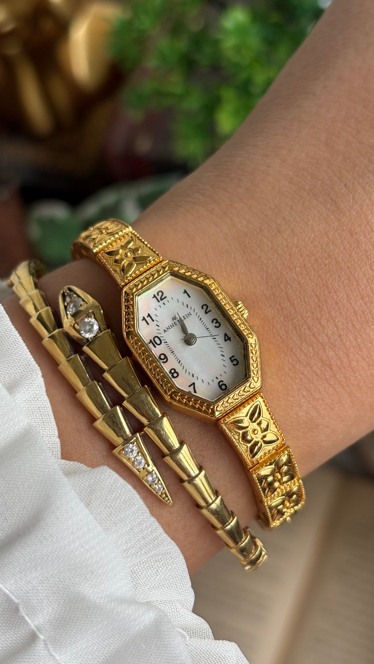 Extremely Rare Vintage Anne Klein Art Deco Watch in Gold Tone Mother of Pearl Dial