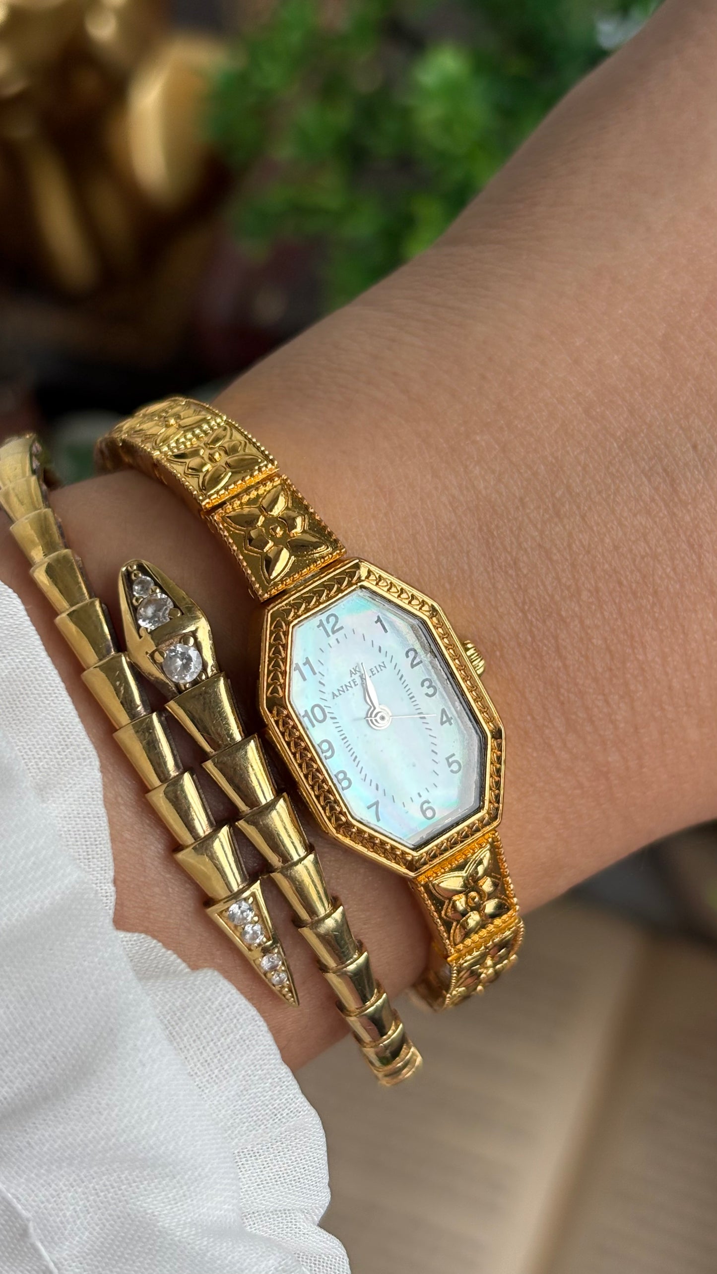 Extremely Rare Vintage Anne Klein Art Deco Watch in Gold Tone Mother of Pearl Dial