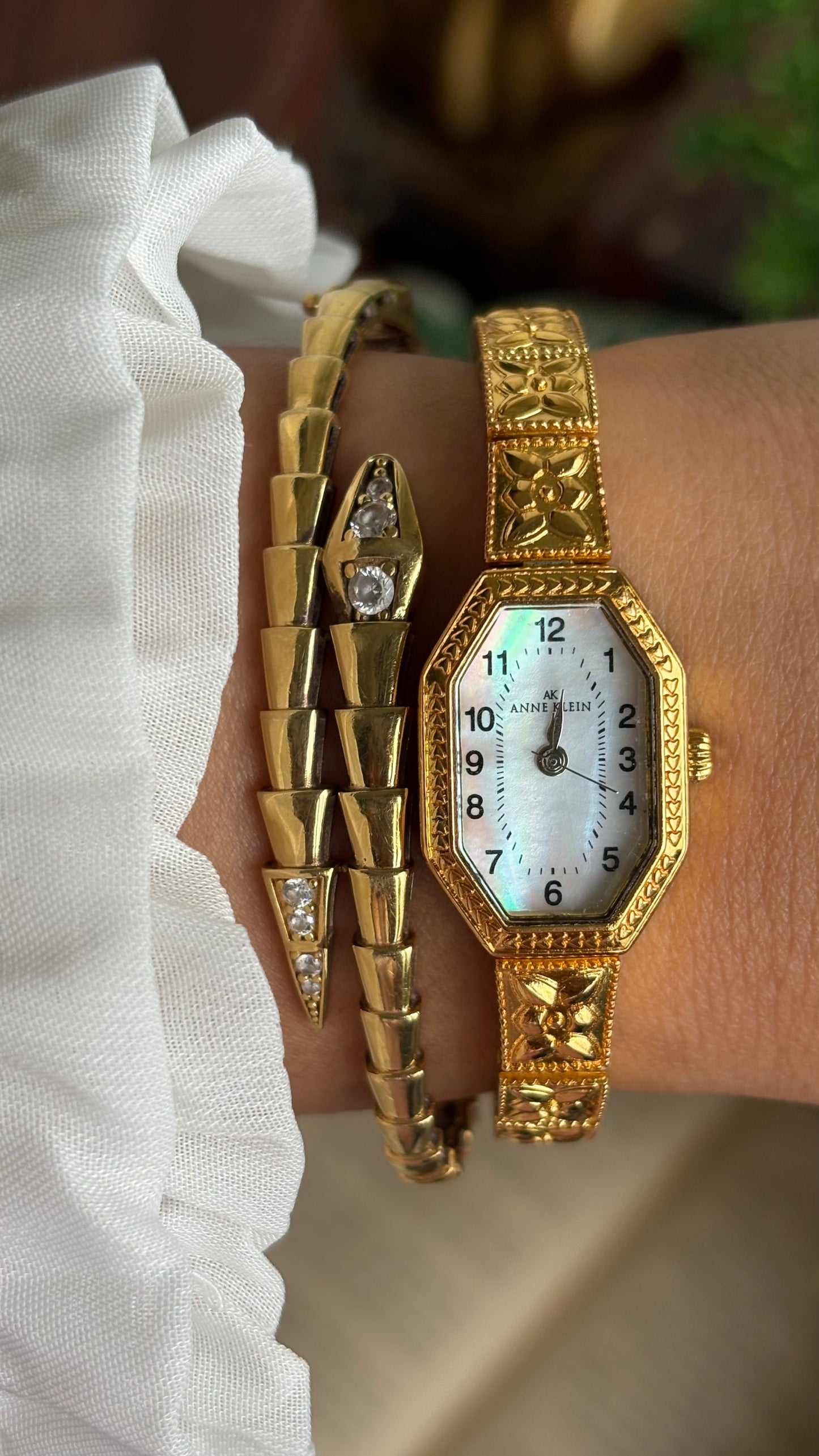 Extremely Rare Vintage Anne Klein Art Deco Watch in Gold Tone Mother of Pearl Dial