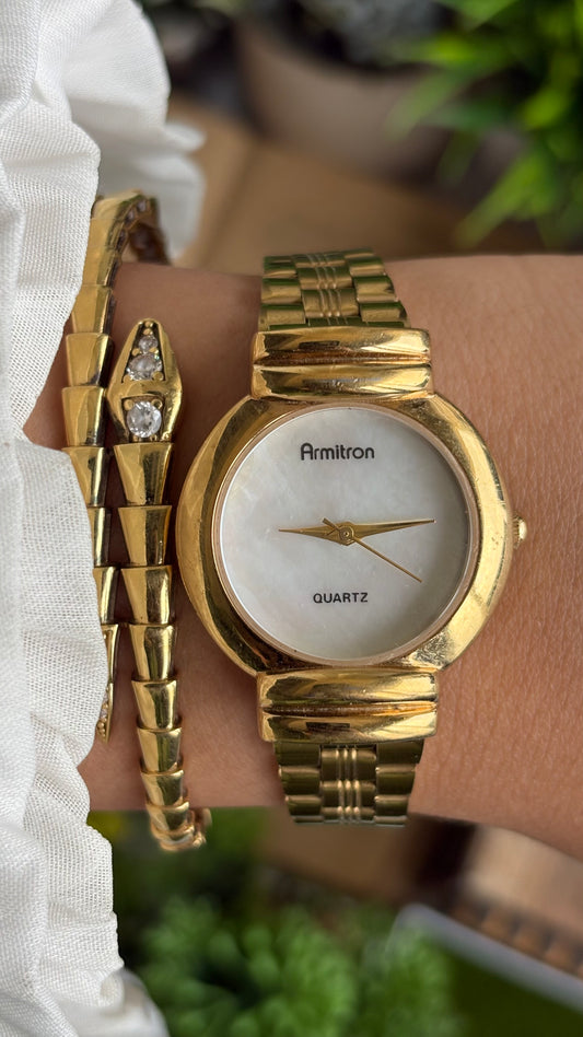 Vintage Armitron Swiss Watch in Gold Tone Mother of Pearl Dial