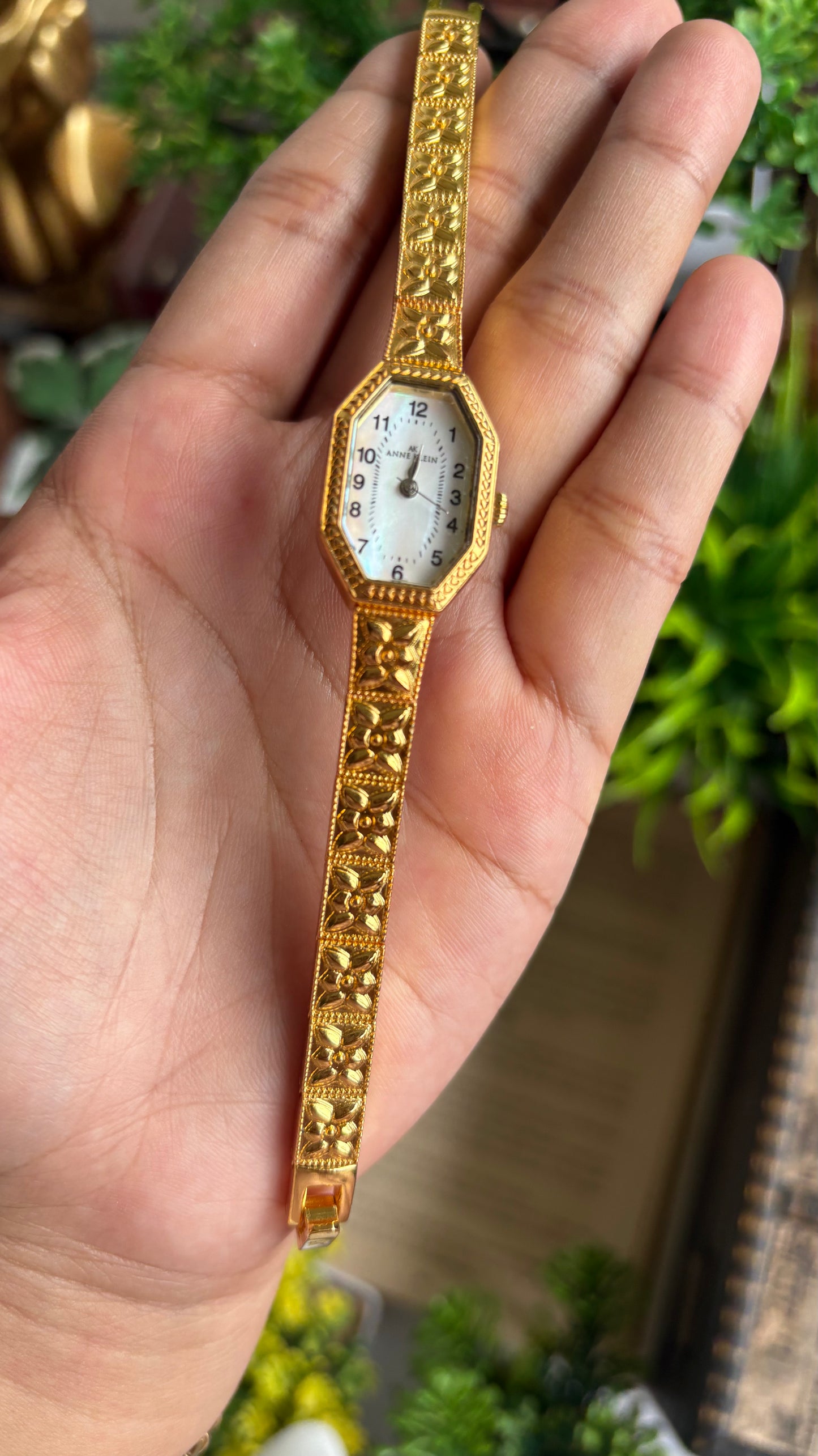 Extremely Rare Vintage Anne Klein Art Deco Watch in Gold Tone Mother of Pearl Dial