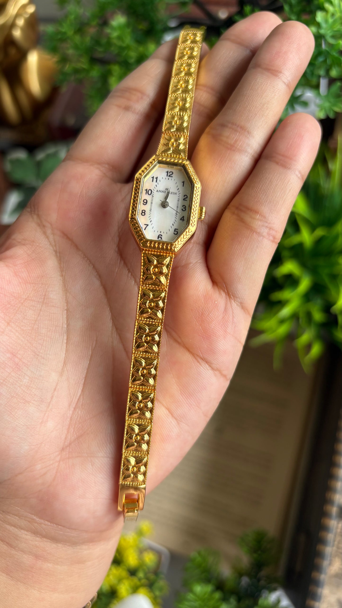 Extremely Rare Vintage Anne Klein Art Deco Watch in Gold Tone Mother of Pearl Dial